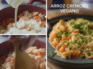 Imagem divida em 3 partes com a Receita Arroz Vegano Cremoso sendo preparada e a Receita pronta.