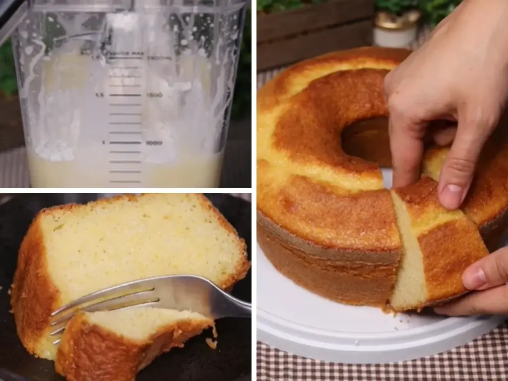 Imagem Cortado em 3 partes com a Receita de Bolo de Fubá sendo preparada, pronta e cortada para comer.