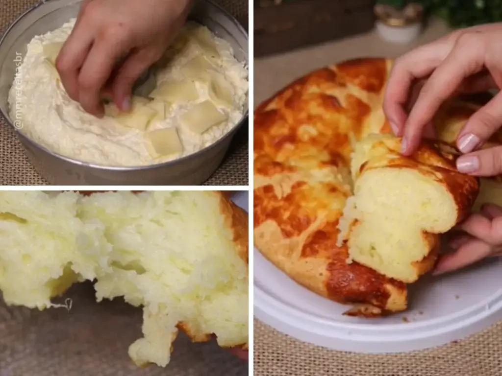 Imagem divida em 3 partes com a Receita do Bolo Pão de Queijo sendo preparada, mostrando a textura do bolo e o bolo sendo cortado.