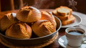 Quatro pães caseiros na bandeja em cima da mesa, feito com a receita de pão caseiro.