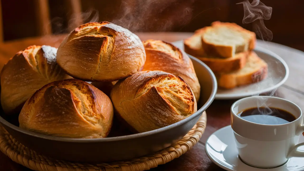 Quatro pães caseiros na bandeja em cima da mesa, feito com a receita de pão caseiro.