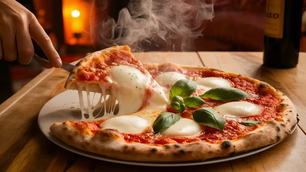 Pizza em cima da mesa sendo cortada com queijo derretendo, feita com nossa receita de pizza caseira.