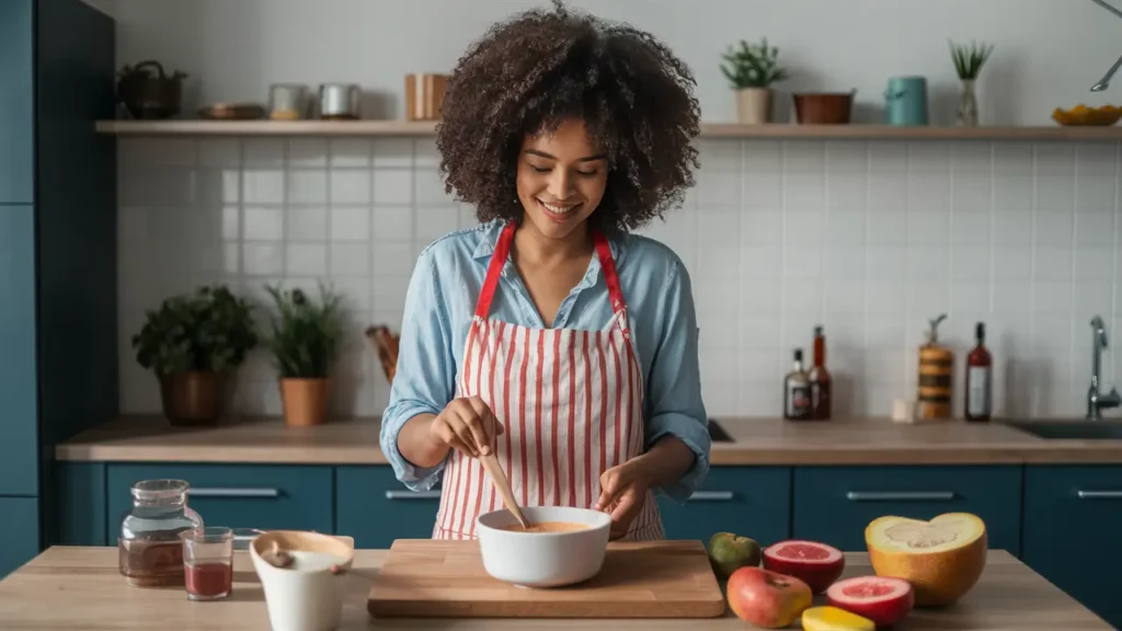 Mulher preparando uma comida com menos açúcar.